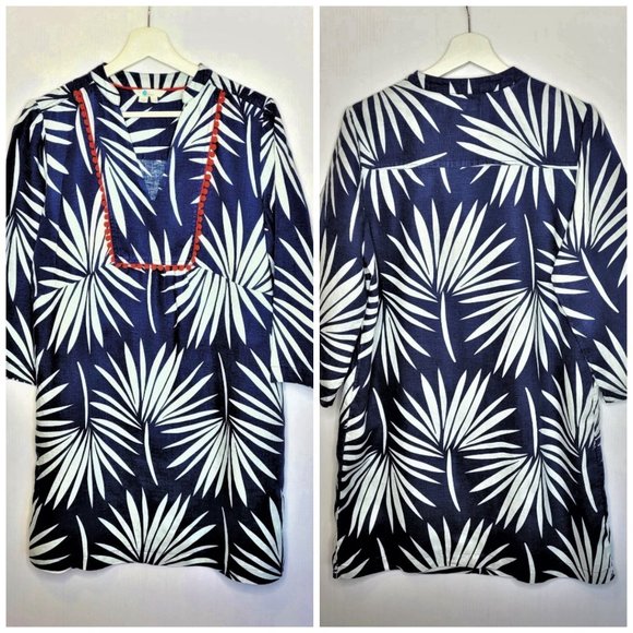 BODEN Navy Palm Print Linen Tunic Mini Dress 10L - Picture 7 of 8